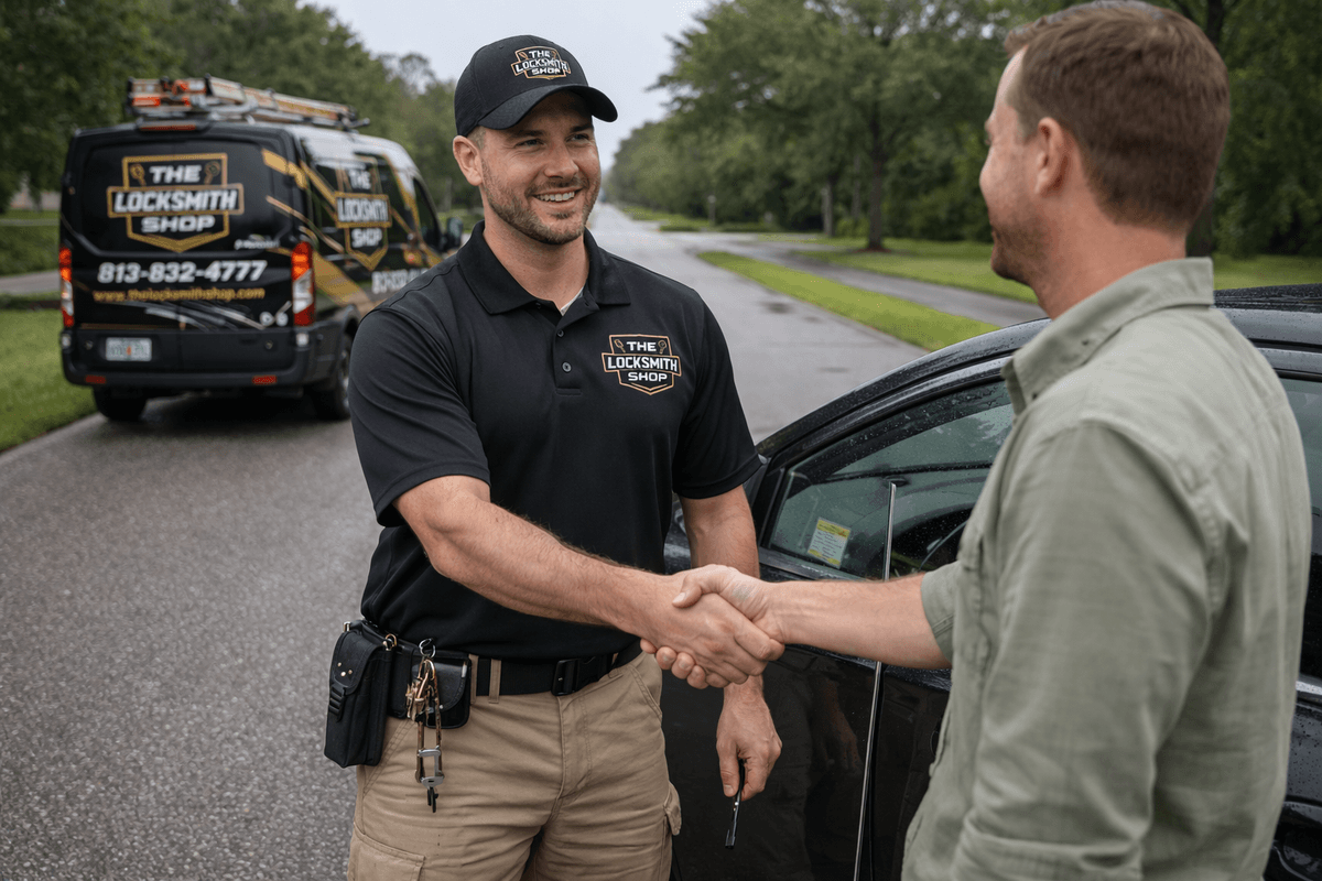 The Locksmith Shop technician helping a customer in Tampa