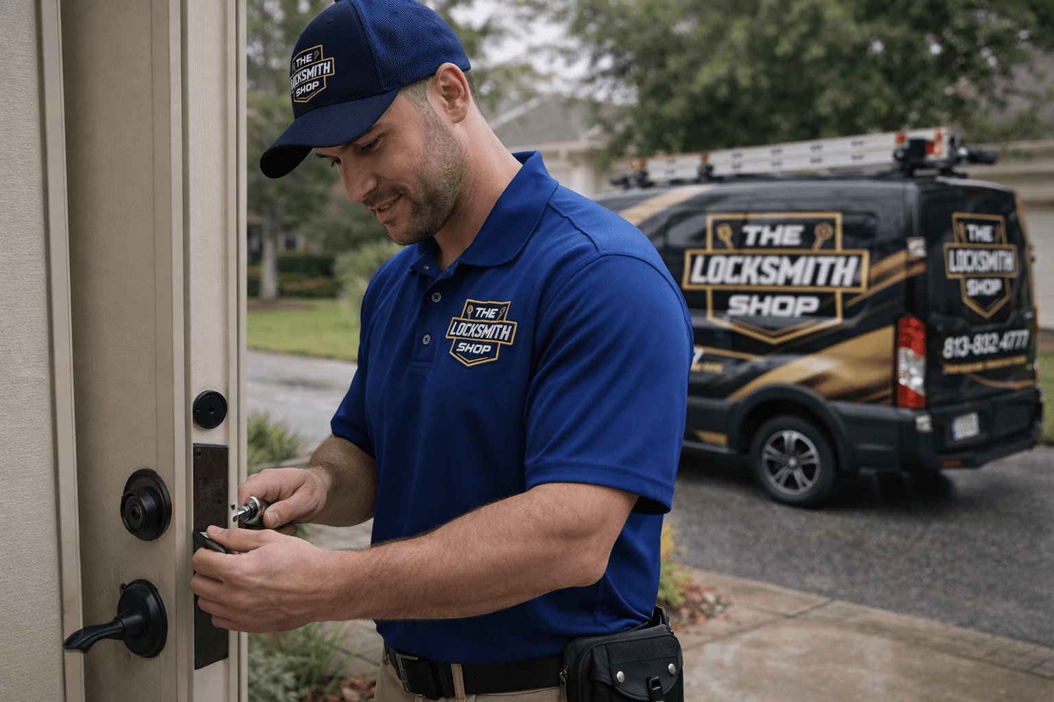 Locksmith technician installing a lock